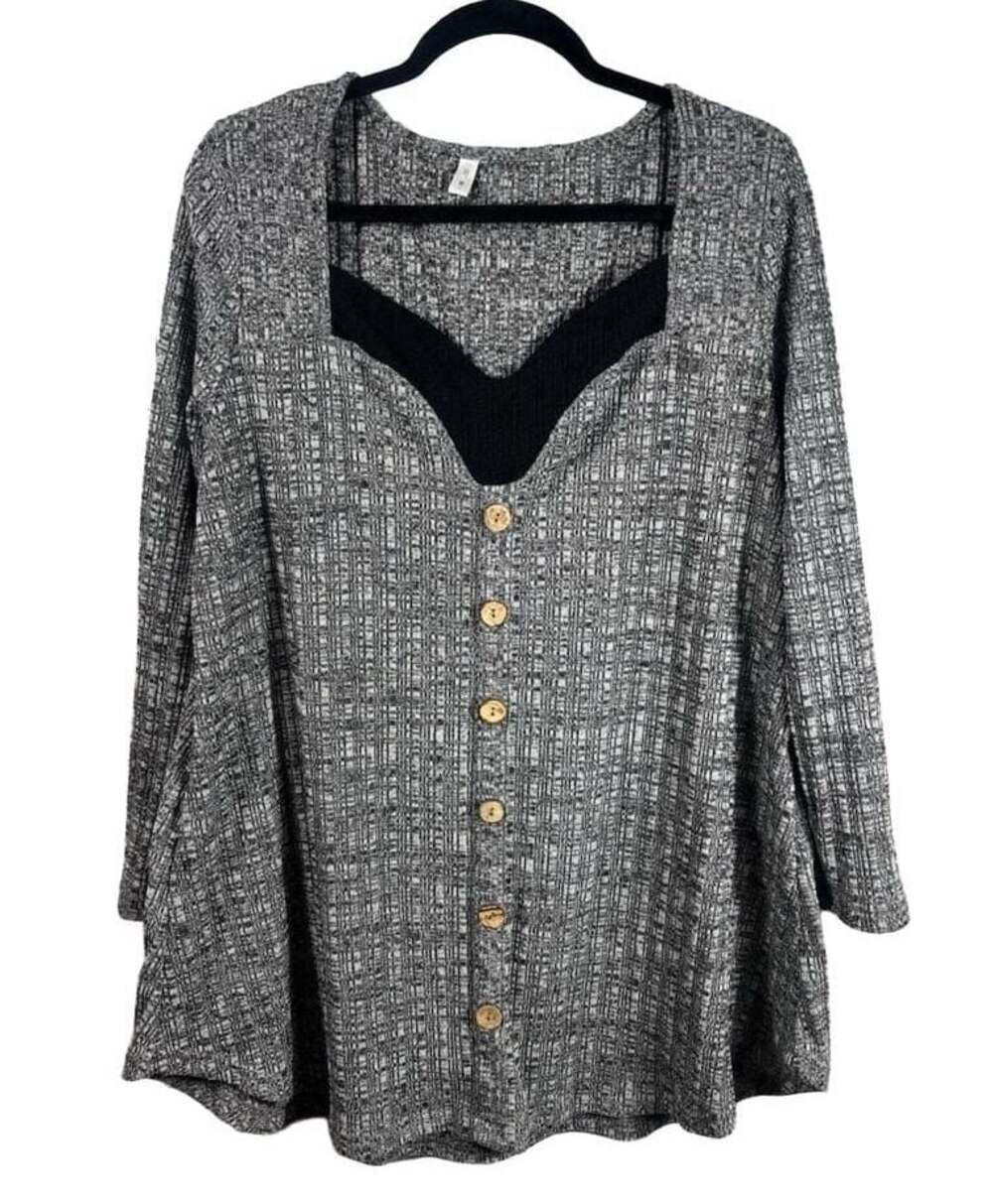 Womens Gray Tweed Long Sleeve Button Front Dress with Black Contrast Neckline